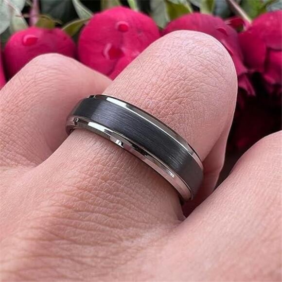 Men's Wedding Band 6mm Black Brushed Silver Edge Stripe - Engagement Rings - Picture 3 of 8